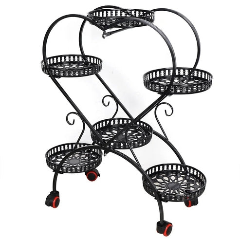 Stand with 6 Heart-Shaped Black Metal Plant Pots and Wheels