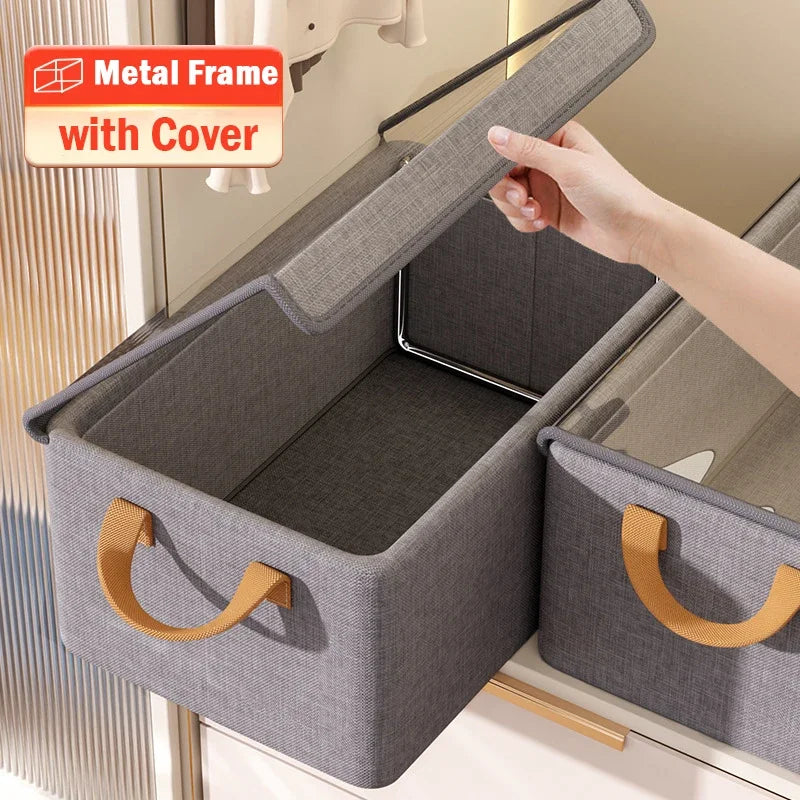 Folding Clothes Storage Box with Metal Frame for Wardrobe Organization