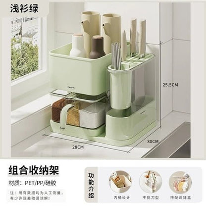 Multifunctional Kitchen Storage Box with Seasoning Rack, Bottle Holder, and Utensil Organizer