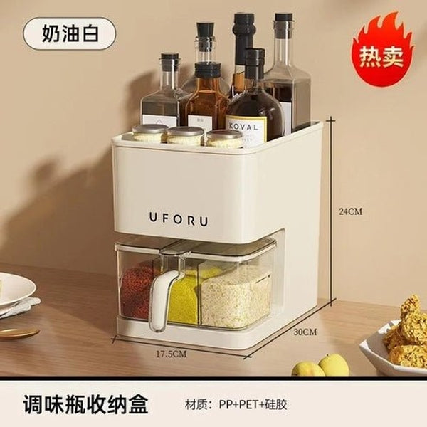 Multifunctional Kitchen Storage Box with Seasoning Rack, Bottle Holder, and Utensil Organizer