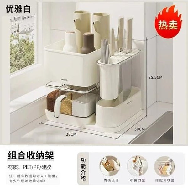 Multifunctional Kitchen Storage Box with Seasoning Rack, Bottle Holder, and Utensil Organizer