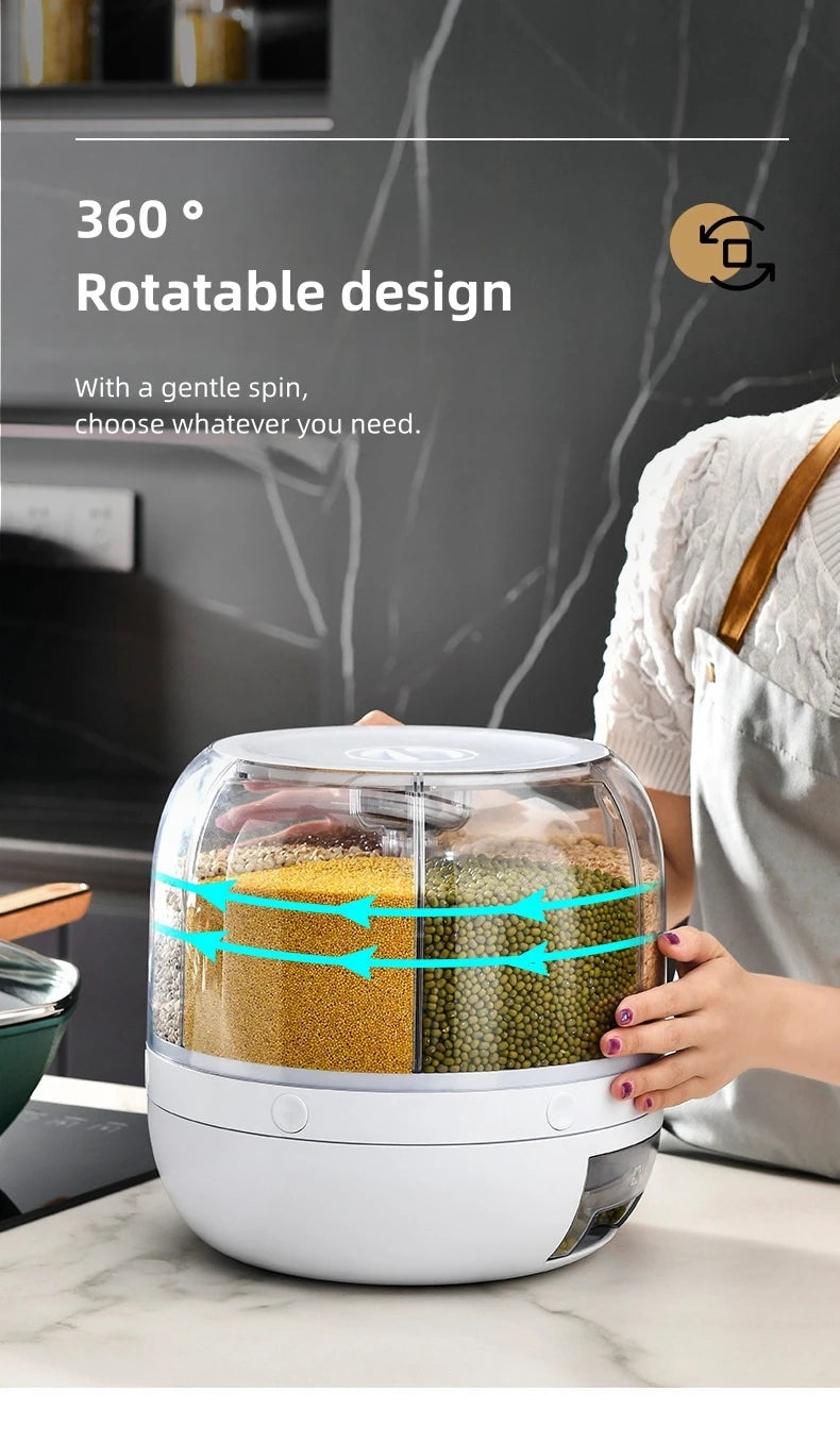 360° Rotating Rice Storage Container with 6 Compartments