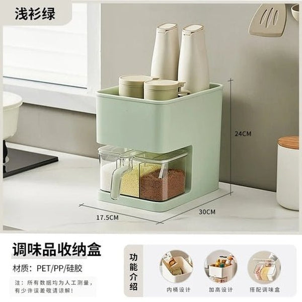 Multifunctional Kitchen Storage Box with Seasoning Rack, Bottle Holder, and Utensil Organizer