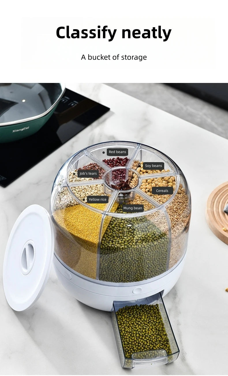 360° Rotating Rice Storage Container with 6 Compartments