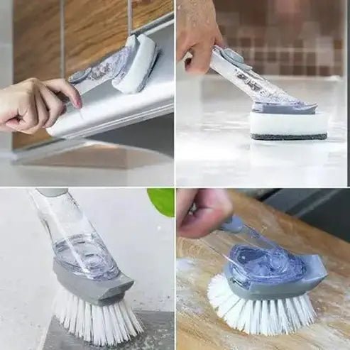 Scrub brush with self-dispensing soap tank