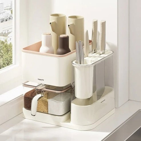 Multifunctional Kitchen Storage Box with Seasoning Rack, Bottle Holder, and Utensil Organizer