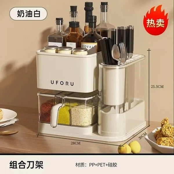 Multifunctional Kitchen Storage Box with Seasoning Rack, Bottle Holder, and Utensil Organizer