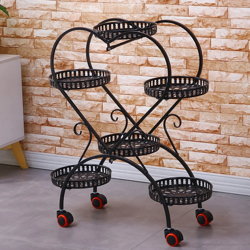 Stand with 6 Heart-Shaped Black Metal Plant Pots and Wheels