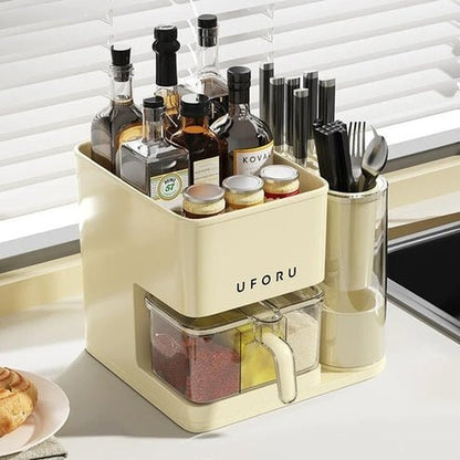 Multifunctional Kitchen Storage Box with Seasoning Rack, Bottle Holder, and Utensil Organizer