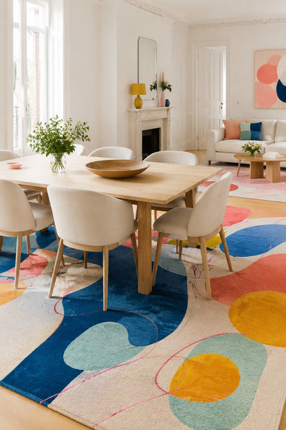 Neutral dining room anchored by a colorful abstract patterned area rug