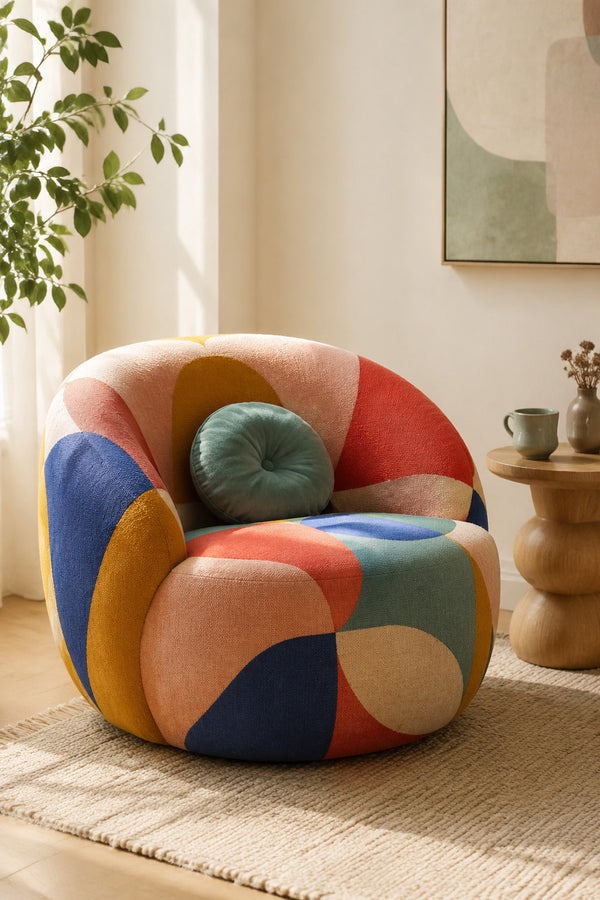 Rounded statement chair upholstered in colorful geometric fabric