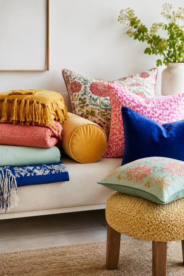 Layered colorful throws velvet bolsters and patterned cushions in a neutral room