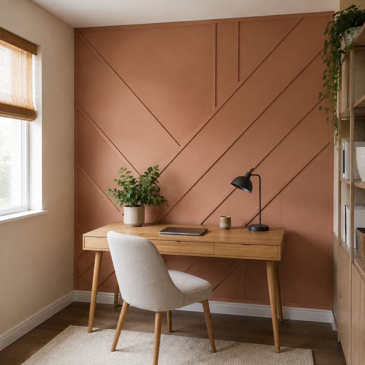 Compact home office with geometric trim accent wall in muted clay