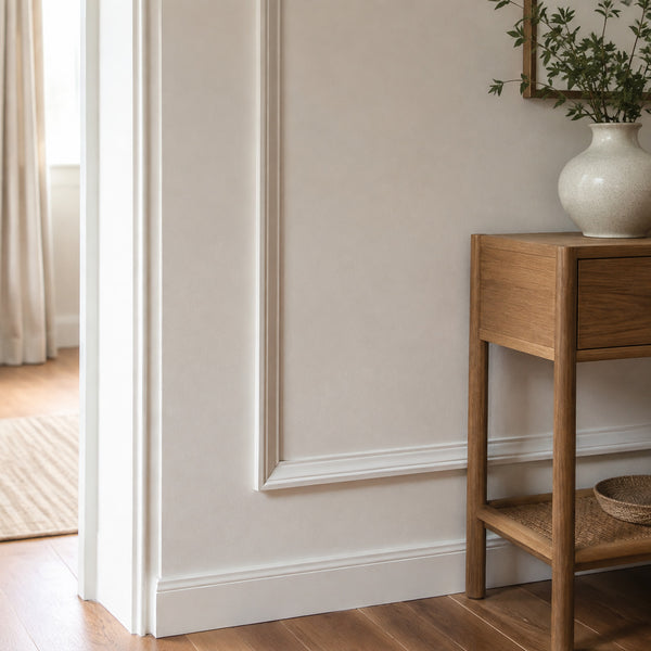 Close interior detail of crisp picture frame molding and finished baseboard