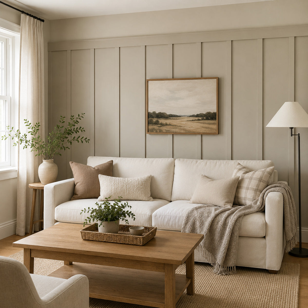 Warm neutral living room with affordable board and batten wall paneling