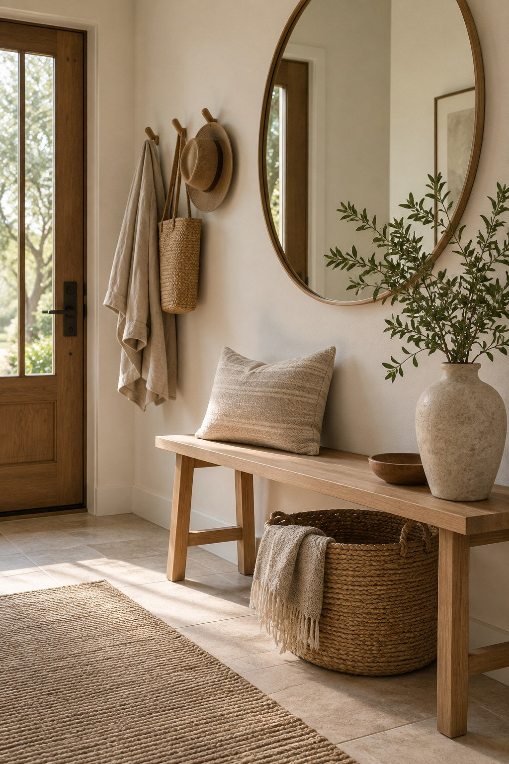 Oak entryway bench with woven basket, round mirror, and greenery
