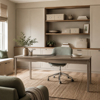 Organized home office with concealed storage and a clutter-free desk