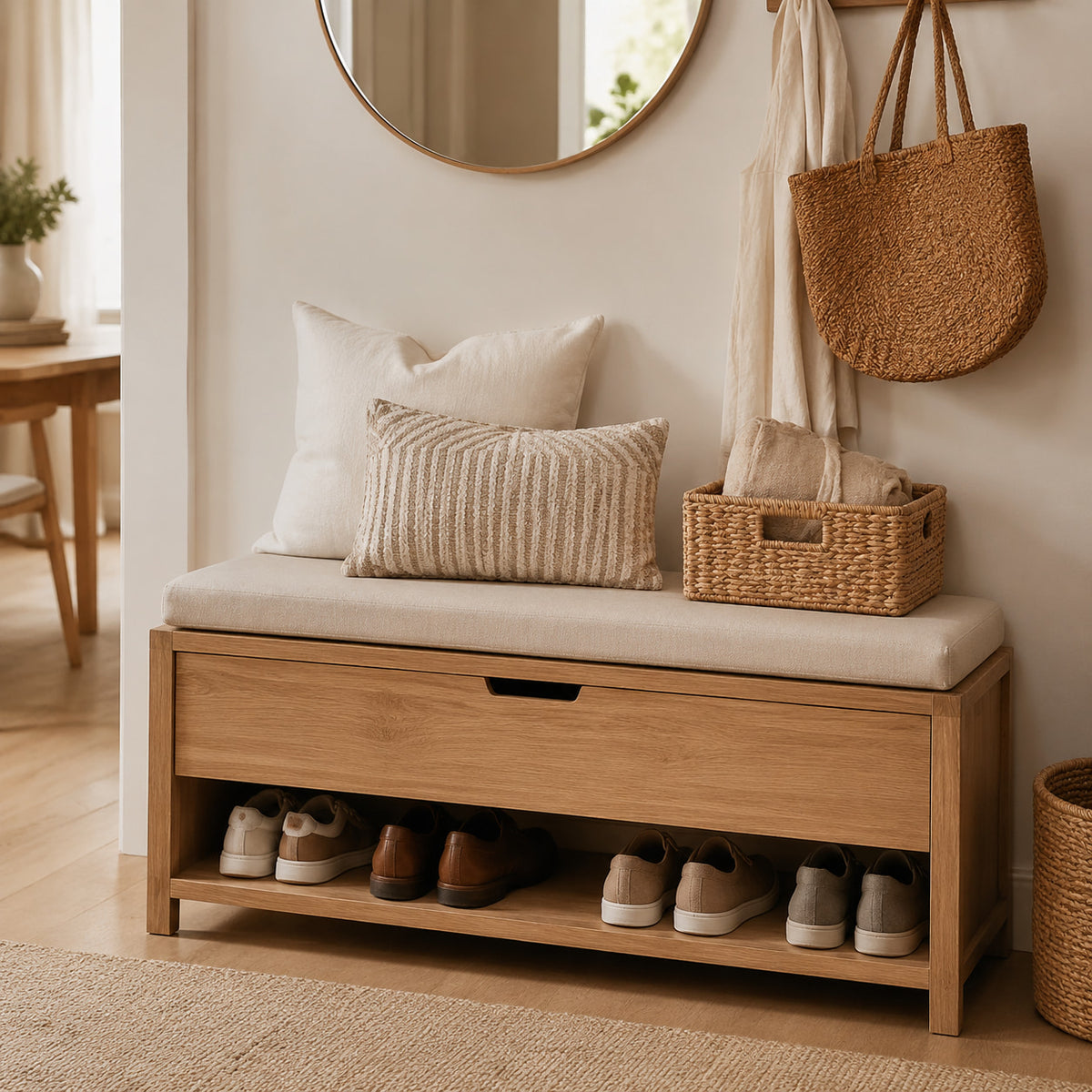 Entryway storage bench with drawers, cushions and organized shoes underneath