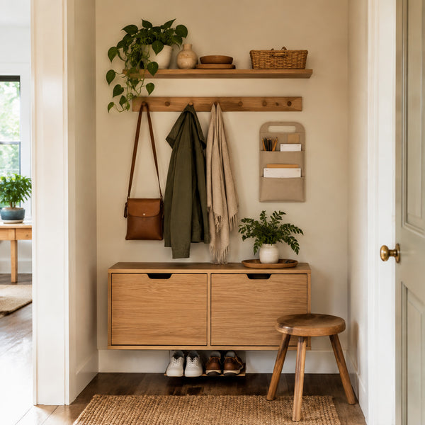 Compact wall drop zone with peg rail, mail organizer, shelf and concealed shoe cabinet