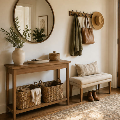 Functional entryway with console table, storage bench, hooks and woven baskets