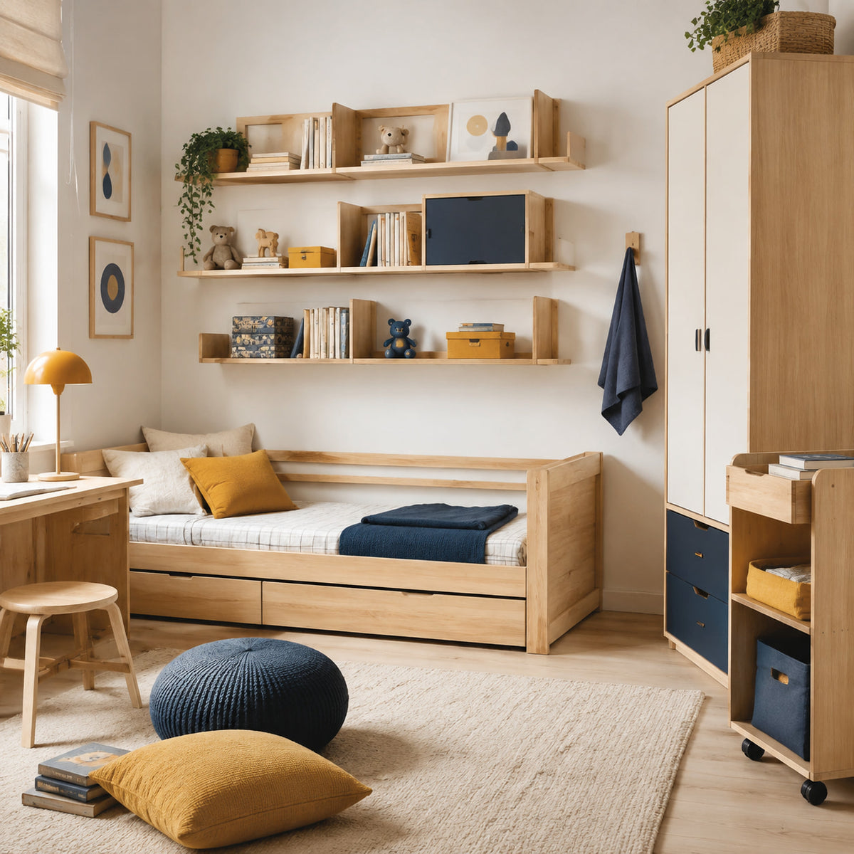 Adaptable kids bedroom with convertible wood bed desk and modular shelving