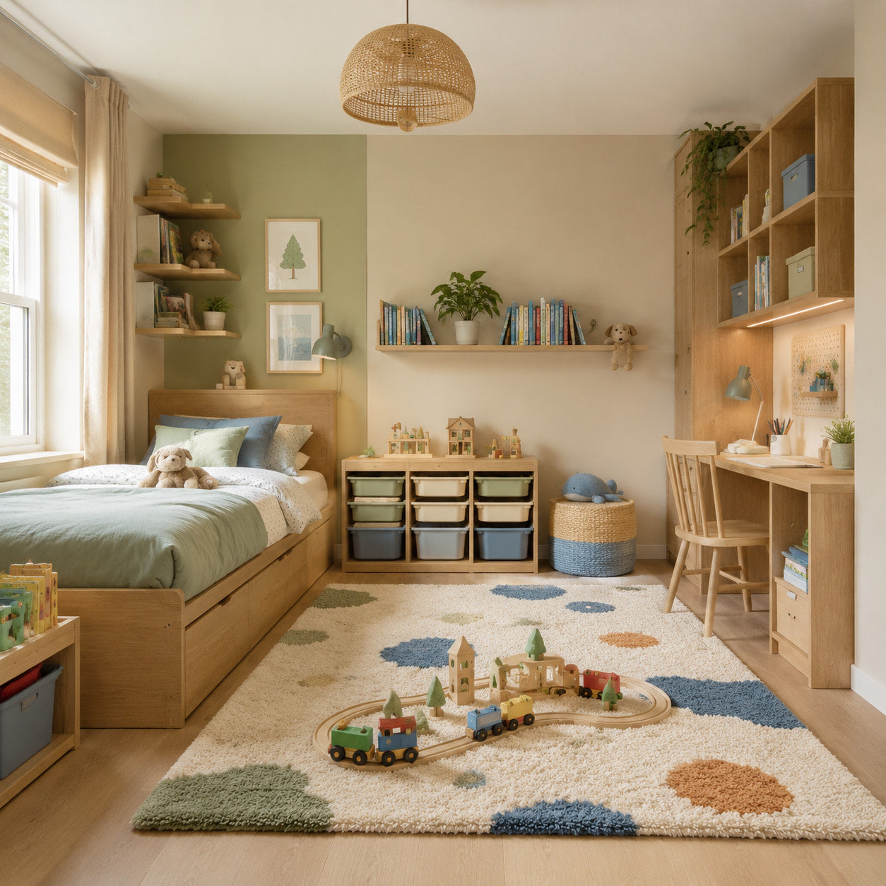 Kids bedroom organized into sleeping play storage and study zones