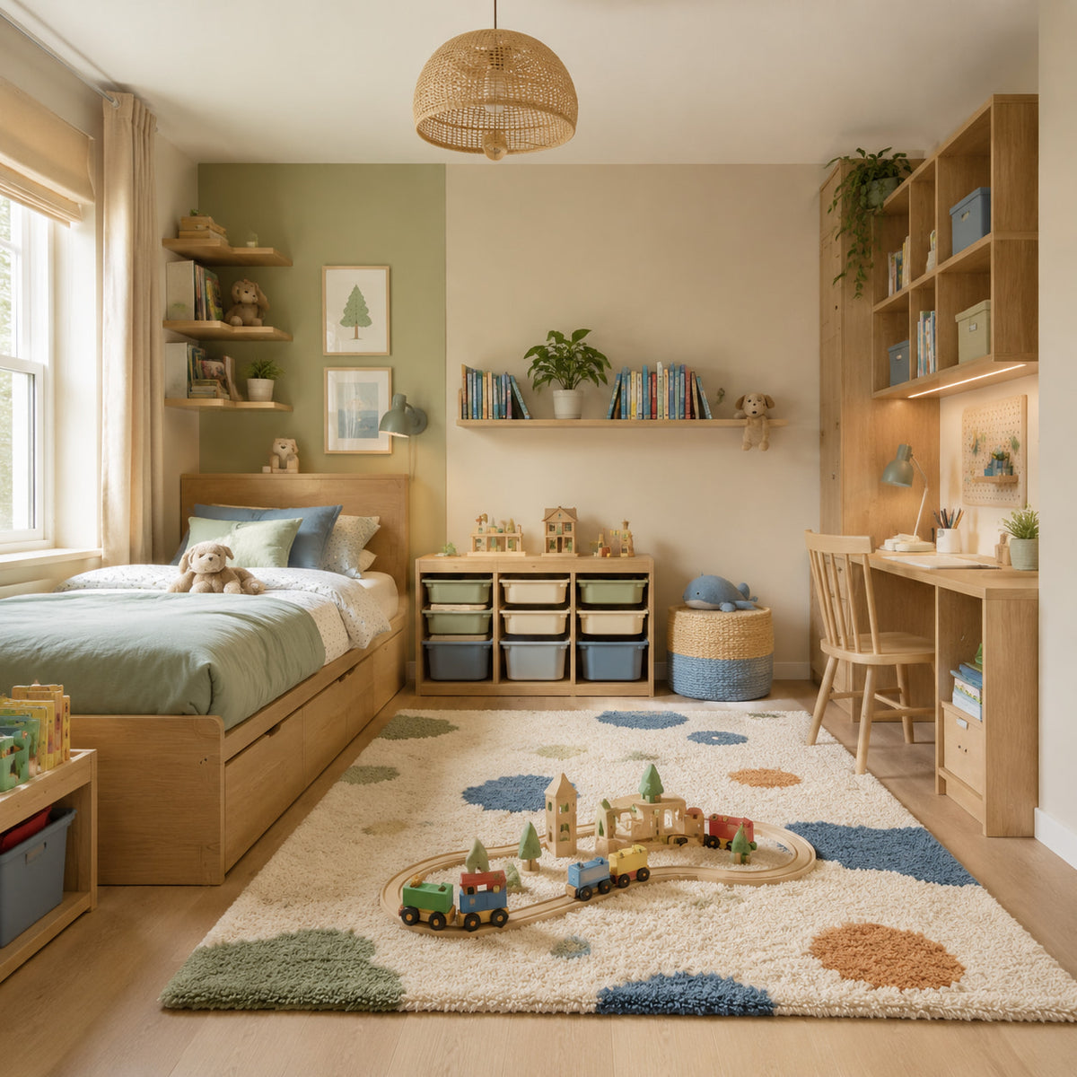 Kids bedroom organized into sleeping play storage and study zones