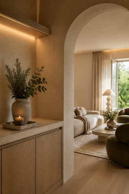 Entrance console with a candle, aromatic herbs, and natural ventilation
