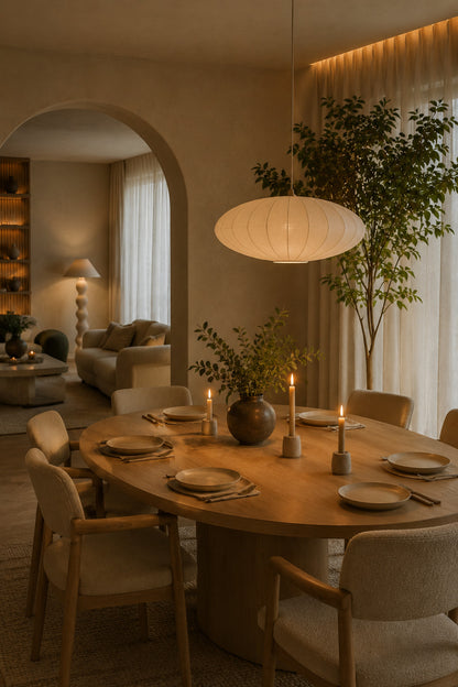 Dining room with warm pendant lighting and candles