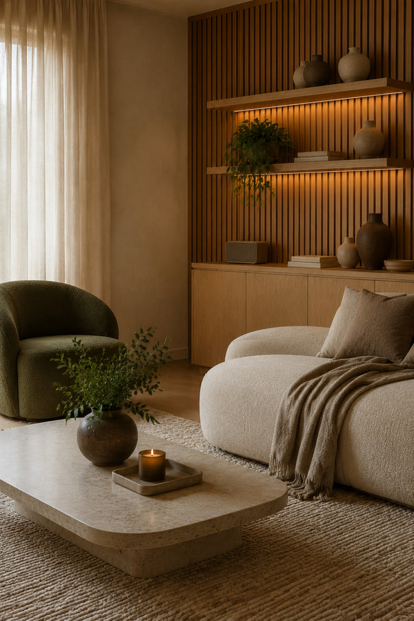 Quiet living room with curtains, a wool rug, and a wooden slat wall