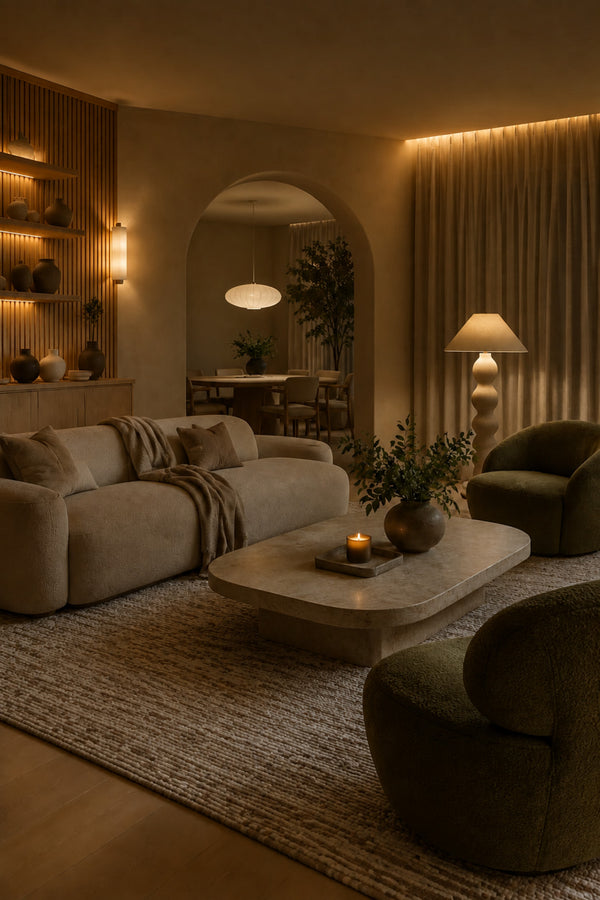 Living room with layered indirect lighting at night