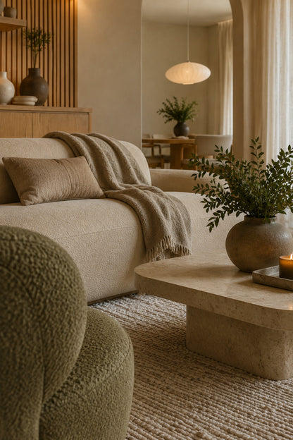 Close view of linen, boucle, travertine, wool, and oak textures