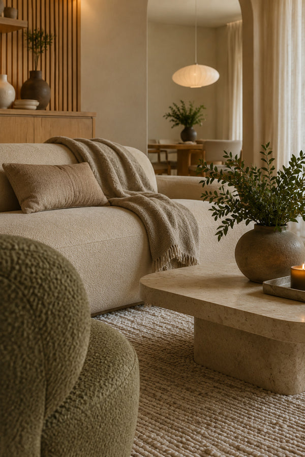 Close view of linen, boucle, travertine, wool, and oak textures