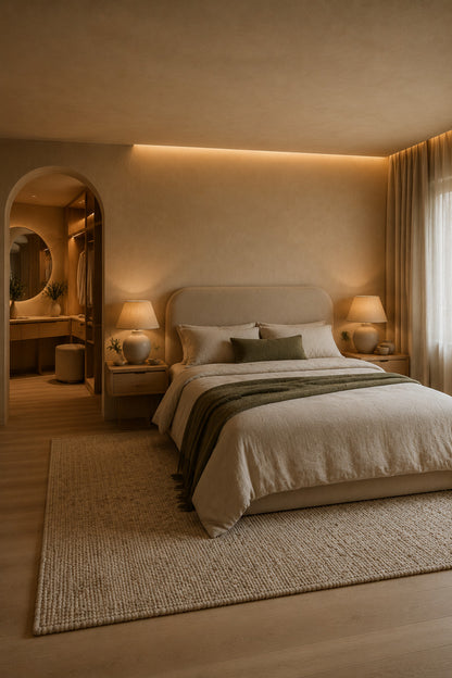 Calm bedroom with warm lighting, soft textiles, and acoustic comfort