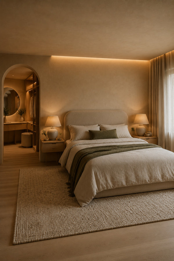 Calm bedroom with warm lighting, soft textiles, and acoustic comfort