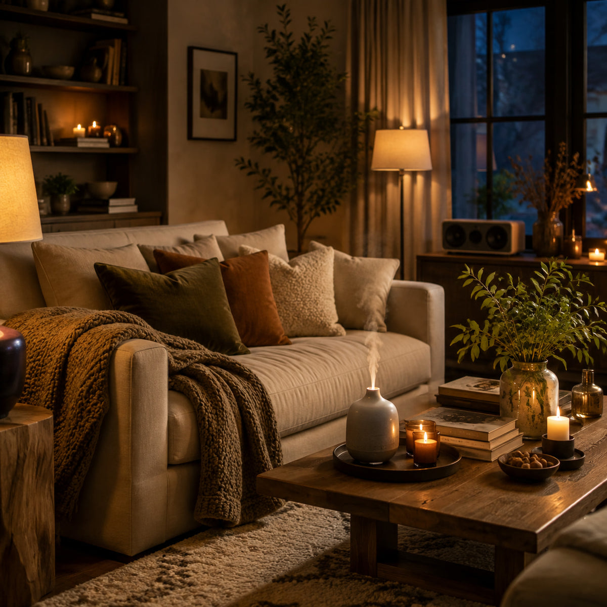 Sensory living room combining soft textiles, scent and ambient lighting