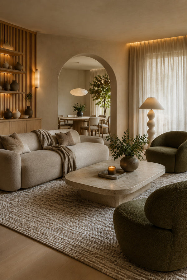 Warm living room with layered lighting, acoustic textiles, and candlelight