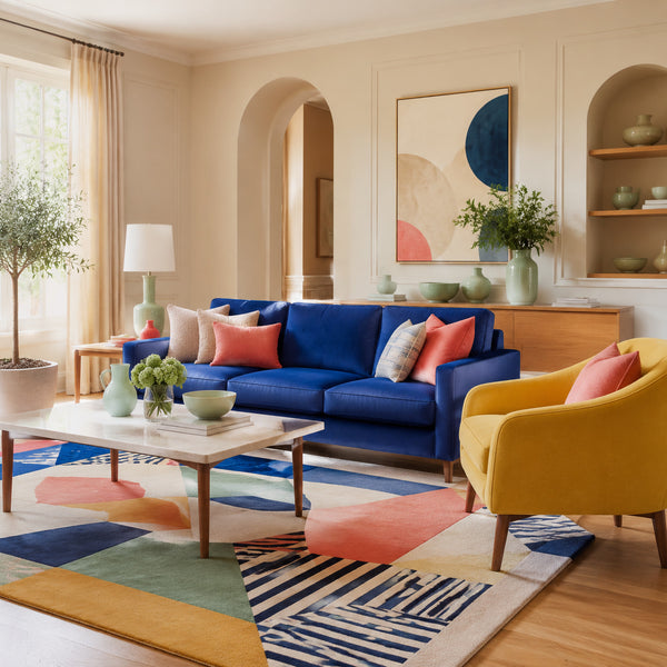 Electric blue sofa with yellow armchair and colorful geometric rug