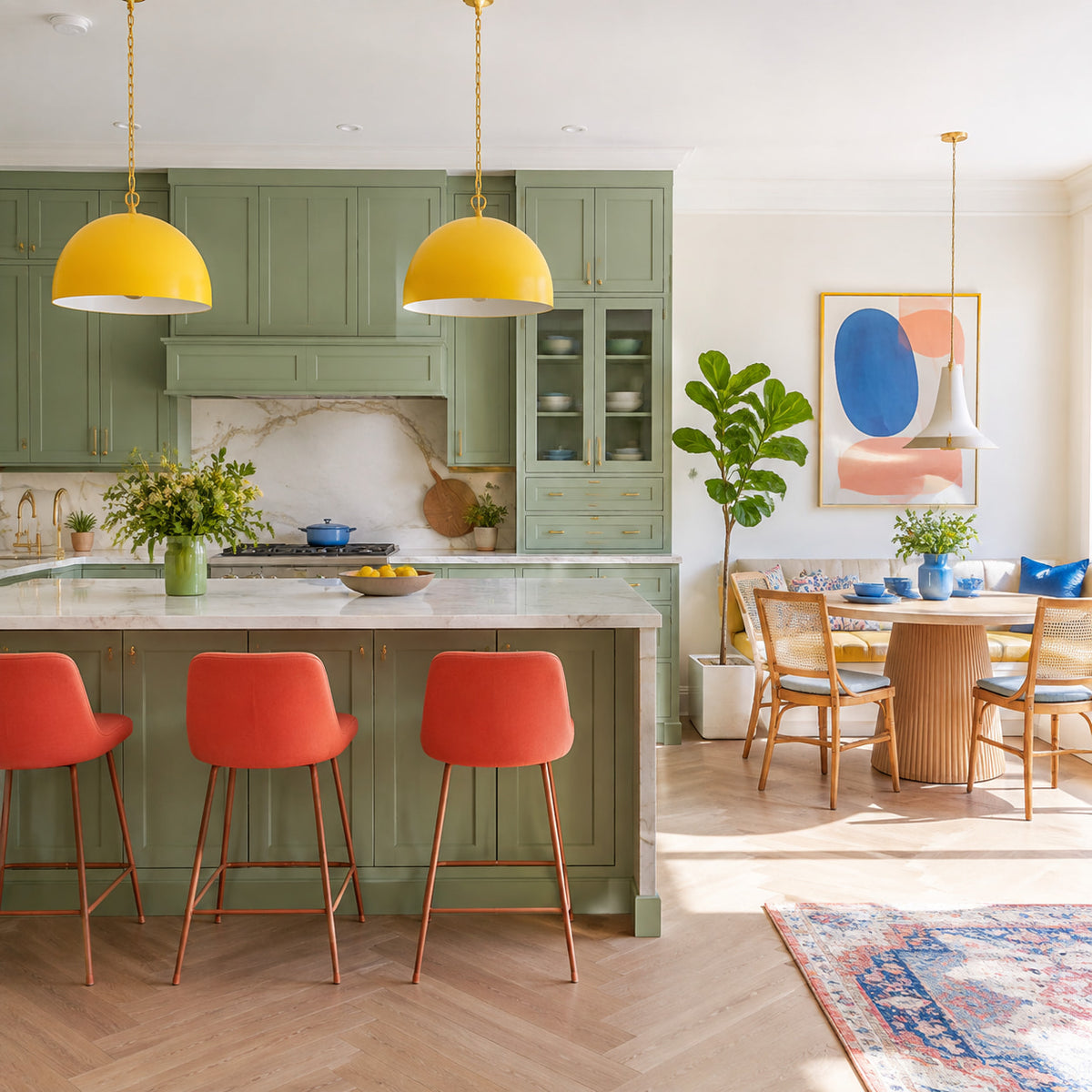 Pastel green kitchen with coral stools and yellow pendant lights