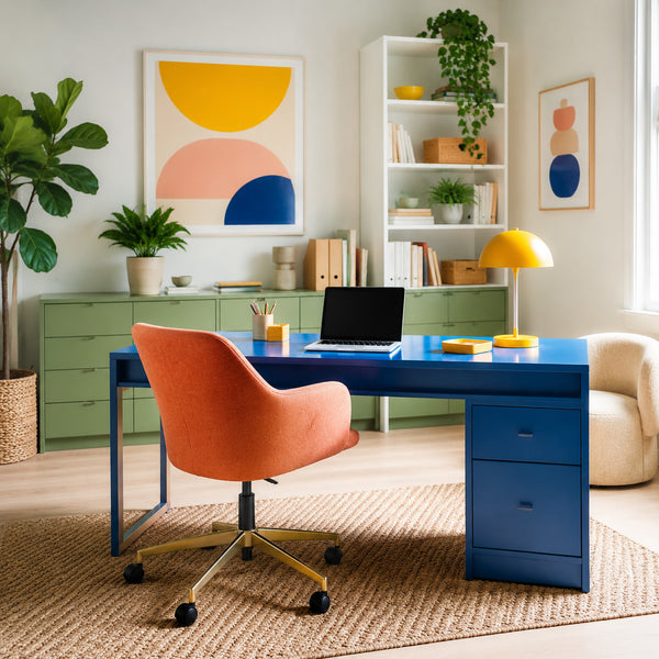 Colorful bedroom with coral headboard and electric blue bedside lamps