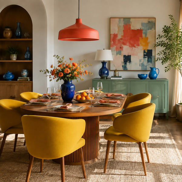 Dining room with yellow chairs coral pendant and pastel green sideboard