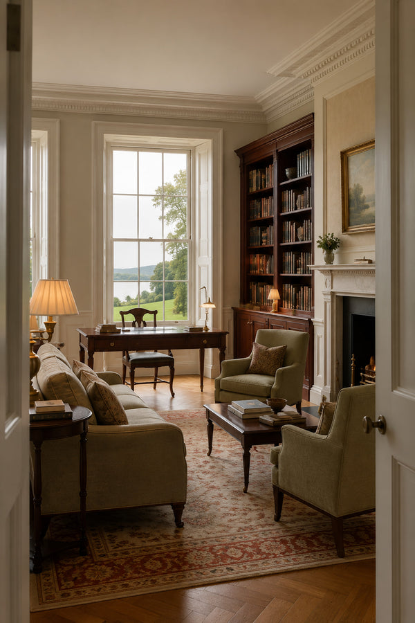 English Georgian country house with formal gardens and a peaceful lake
