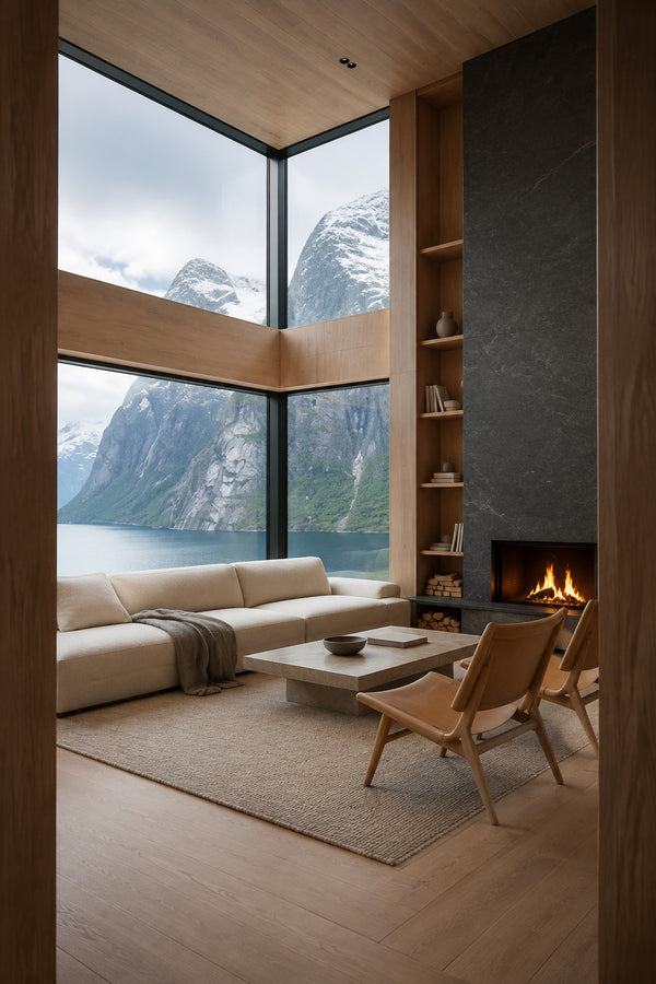 Contemporary Norwegian glass villa overlooking a fjord and snowy mountains