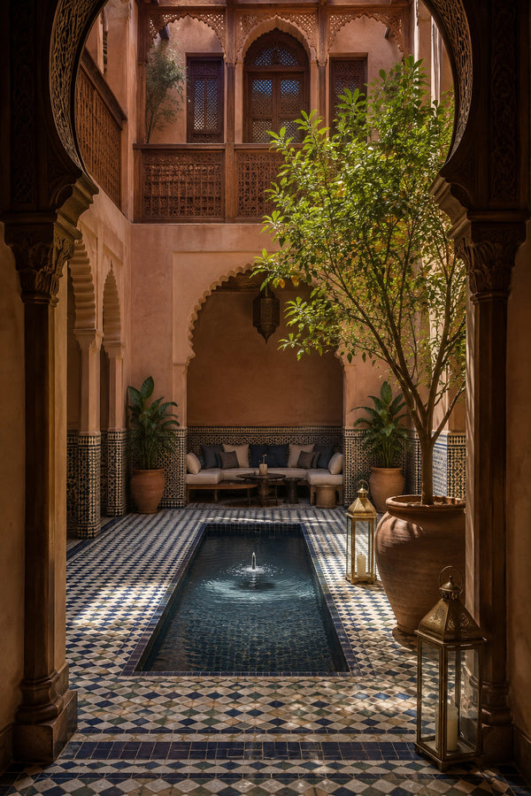 Luxury Marrakech riad courtyard with zellige tiles and carved cedar details