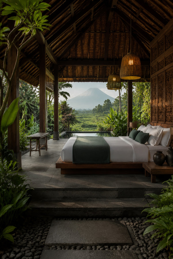 Open Balinese pavilion villa surrounded by rainforest and tropical gardens