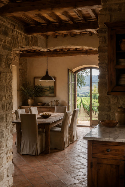 Restored Tuscan farmhouse villa surrounded by vineyards and olive groves