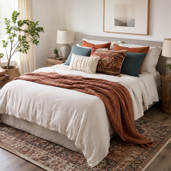 Budget bedroom refresh with colorful cushions and layered textiles