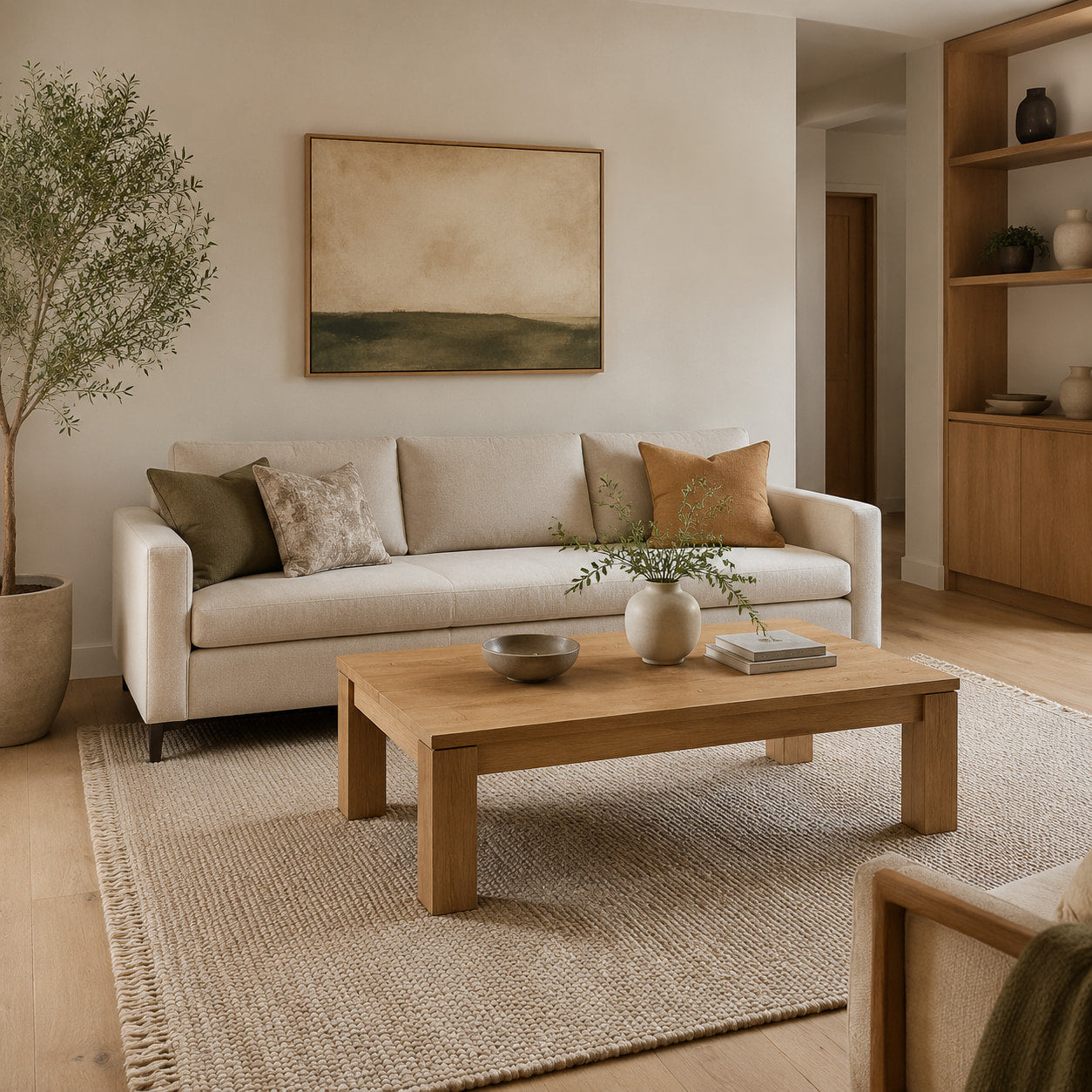 Small apartment living room with round wooden coffee table and loveseat