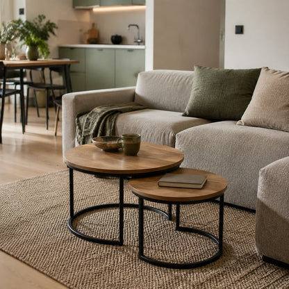 Slim oval coffee table maintaining circulation in a narrow living room