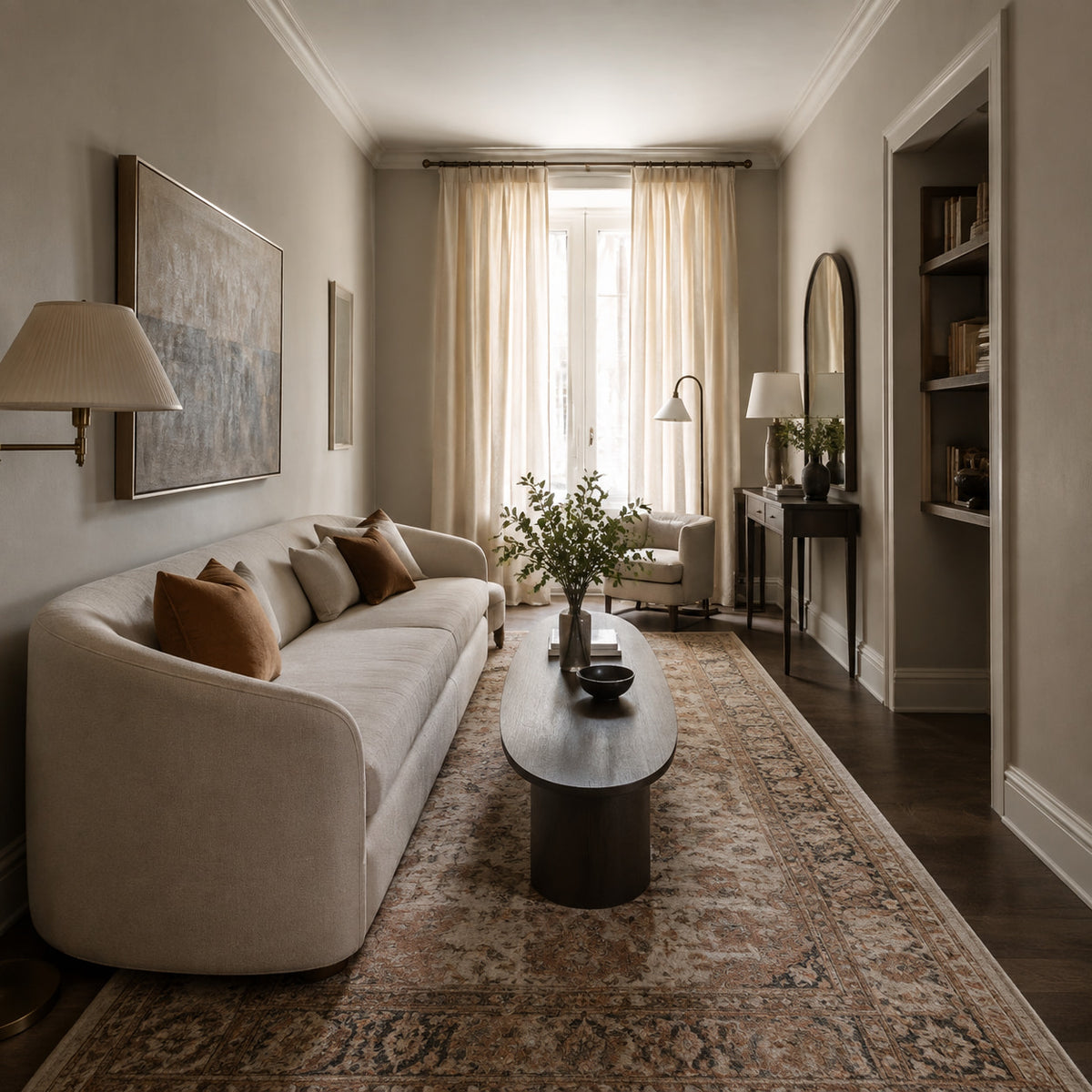 Narrow living room with slim oval coffee table and curved sofa